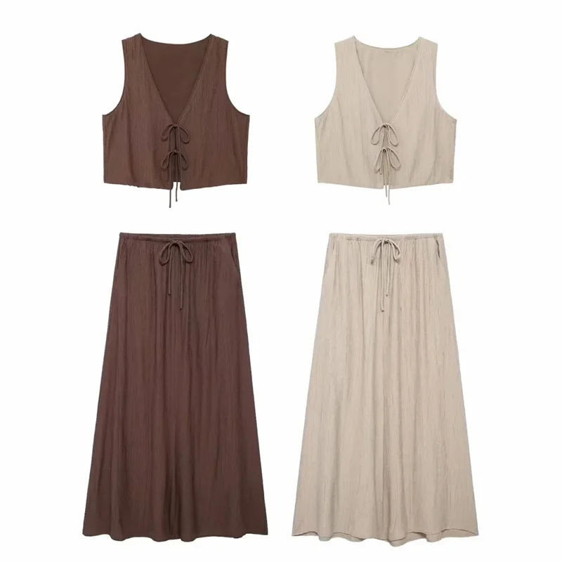 Solid Midi Skirt Set Bow Cropped