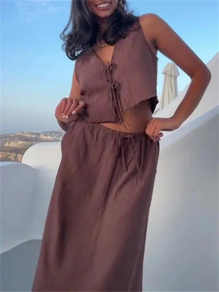 Solid Midi Skirt Set Bow Cropped