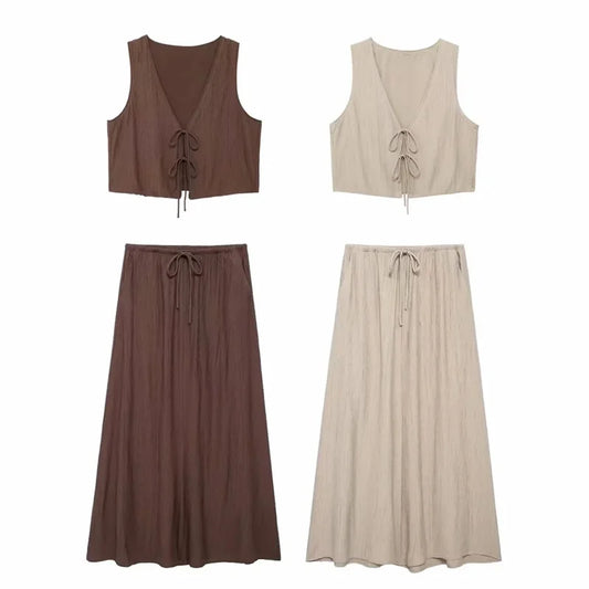 Solid Midi Skirt Set Bow Cropped